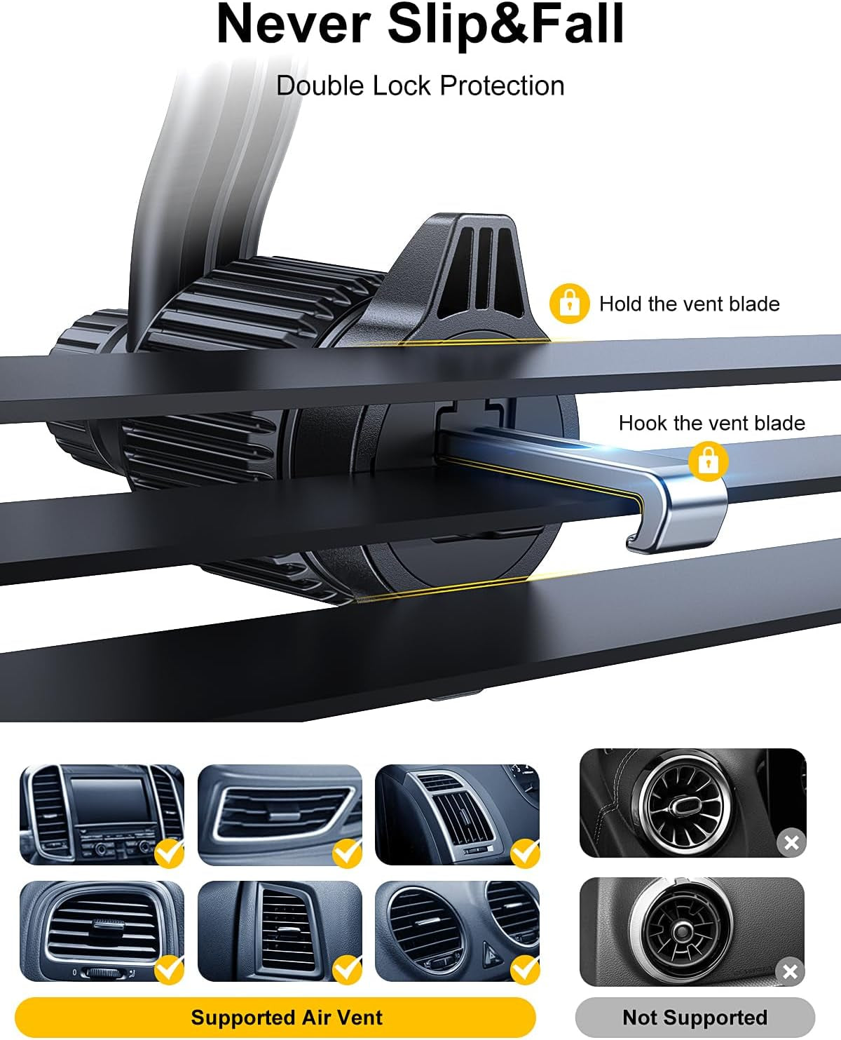 Car Vent Phone Mount, [Never Blocking Vent, Enjoy the Comfort of the A/C] Hands-Free Universal Extension Clip Air Phone Holder Car Fit for All Phones Iphone Samsung More