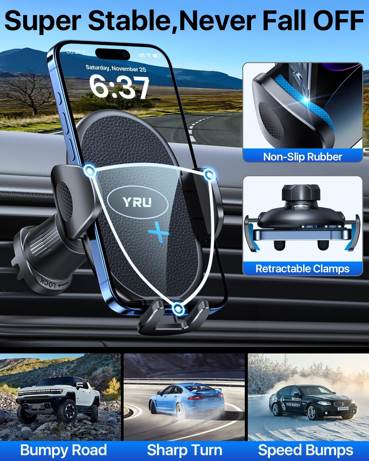 Car Phone Holder [2025 Upgraded Metal Hook Clip], Phone Holders for Your Car [No Fear of Bumps] Car Vent Phone Mount Widely Compatible with Iphone16 15 14 13 Samsung Android and All Smartphones, Black